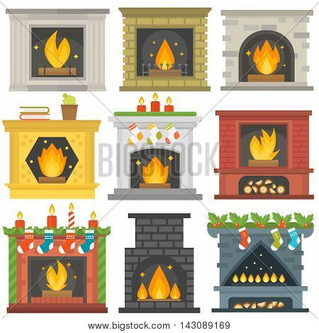 Set of vector fireplace icons and fireplace design. Fireplace house room warm christmas silhouette. Fireplace flame bright decoration coal furnace. Comfortable warmth fireplace collection.