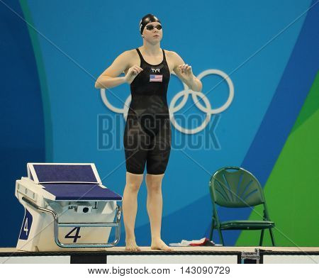 RIO DE JANEIRO, BRAZIL - AUGUST 8, 2016: Lilly King of the United States beforee the Women's 100m Breaststroke Final  of the Rio 2016 Olympic Games at the Olympic Aquatics Stadium