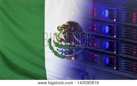 Technology concept consisting of server hardware merging with the Flag of Mexico for use as local or country internet and hardware security image idea