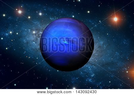 Solar System - Neptune. It is the eighth and farthest planet from the Sun in the Solar System. It is a giant planet. Neptune has 14 known satellites. Elements of this image furnished by NASA.