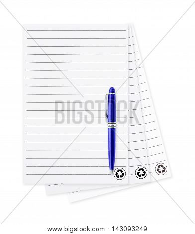 white note paper with pen. isolated on white background. blank paper and pen with lined pattern pages isolated on white background. Paper sheet and pen. isolated on white background.