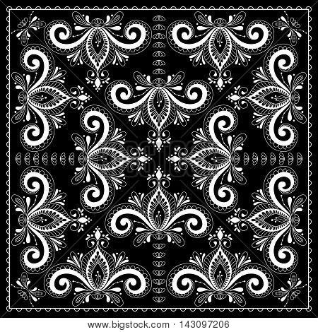 Black And White Abstract Bandana Print With  Element Henna Style. Square Pattern Design For Pillow,