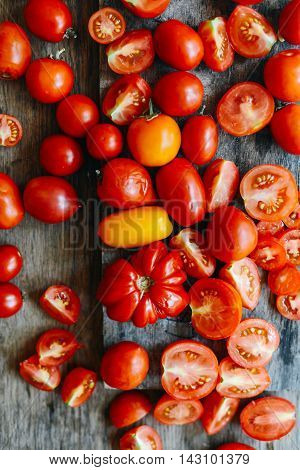 Tomato On Wooden Table. Freshly Picked Red Tomatoes. Variation O
