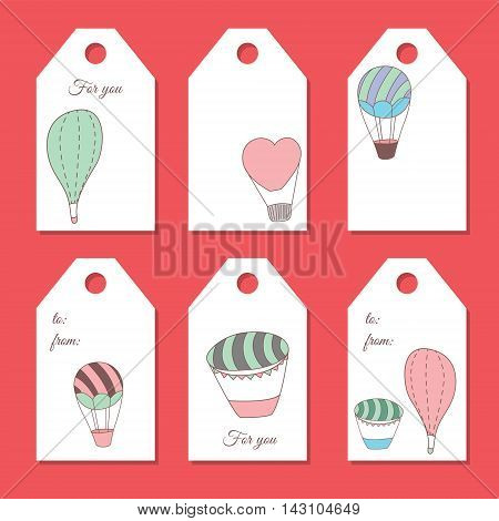 Set of 6 tags with airballoons in boho style. Vector illustration