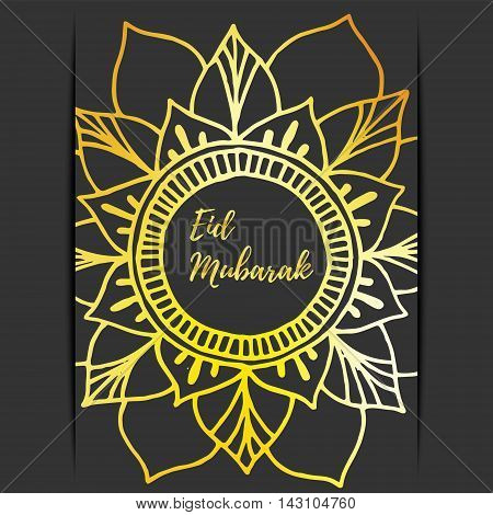Greeting card of Eid Mubarak holiday. Golden mandala on dark background. Vector illustration