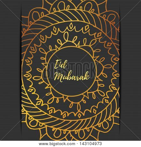 Greeting card of Eid Mubarak holiday. Golden mandala on dark background. Vector illustration