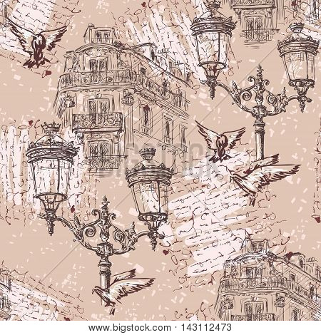 Paris. Vintage seamless pattern with Parisian house with balconies, lights and imitation inscription . Retro hand drawn vector illustration.