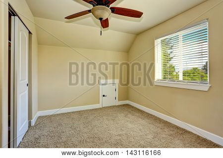 Empty Roon Interior With Beige Walls And Carpet Floor.