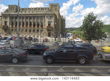 PRAGUE CZECH REPUBLIC - CIRCA JULY 2016: city centre with landmarks and cars