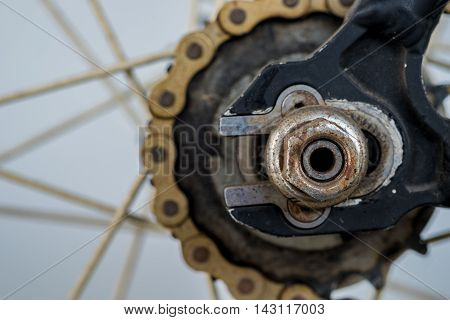 Old Chain of bicycle in wheel.(Selective focus)
