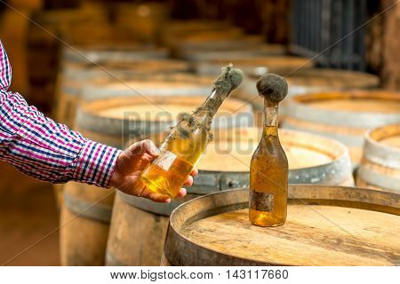 Holding old bottle of white wine with famous black mold in a wine cellar in Hungary