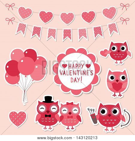 Valentine's Day stickers set, cute owls and decoration