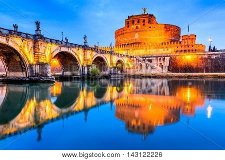 Rome Italy. Castle Sant Angelo twilight built by Hadrian emperor as mausoleum in 123AD ancient Roman Empire landmark.