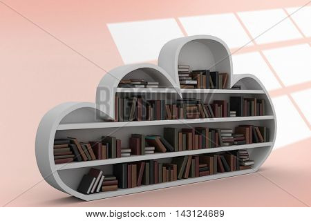 Gray shelf with various books against squares on orange background