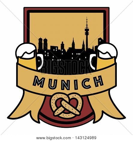 Symbol, German city, with abstract skyline, Munich, beer and pretzel, vector illustration