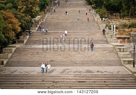 ODESSA, UKRAINE SEPT 13, 2012:  Potemkin stairs.  The stairs are considered a formal entrance into the city from the direction of the sea and are the best known symbol of Odessa.