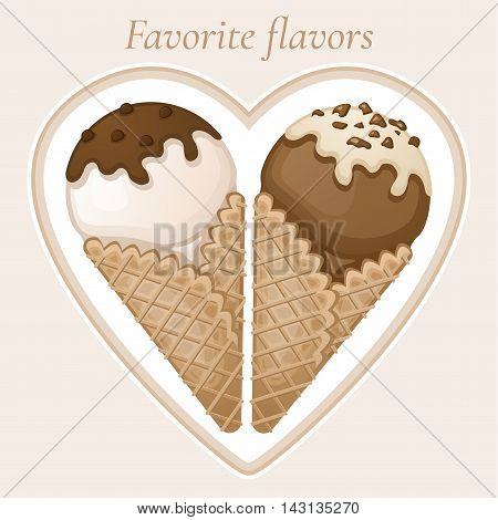 Vanilla and chocolate ice cream with chocolate topping and cream in a waffle cone. Favorite dessert tastes. Sweet tasty ice cream with chocolate sprinkles. Vector colorful illustration.