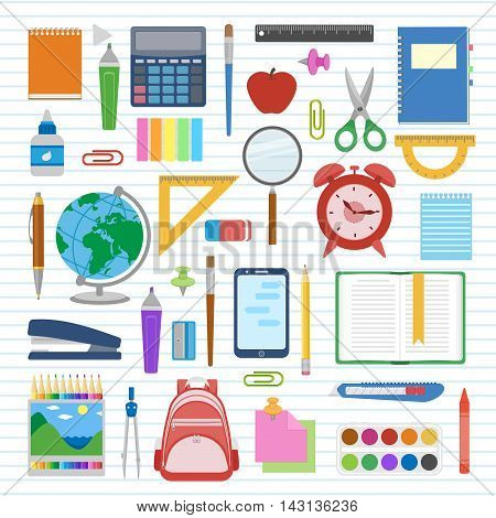 School supplies and items set on a sheet in a line. Back to school equipment. Education workspace accessories on white background. Infographic elements. Vector illustration.