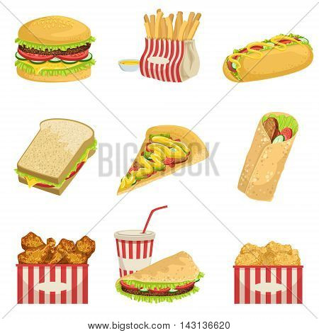 Fast Food Menu Items Realistic Detailed Illustrations. Take Away Lunch Set Of Icons Isolated On White Background.