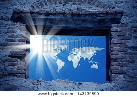 conceptual image of world map and sunny sky. Furnished NASA world map image used for this image.