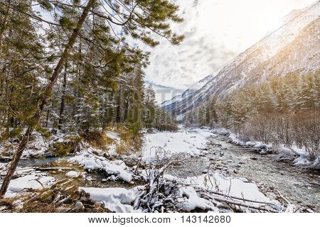 Mountain River Baksan At Wintertime