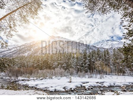 Mountain River Baksan At Wintertime