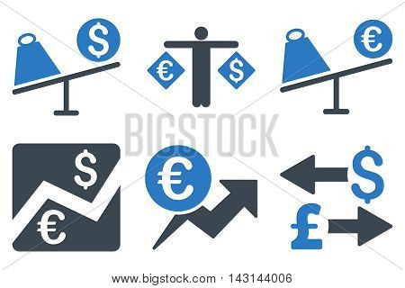 Currency Trading vector icons. Icon style is bicolor smooth blue flat symbols with rounded angles on a white background.