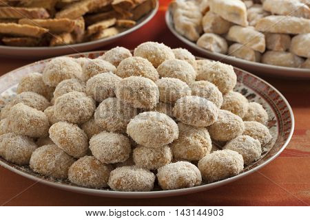 Dish with Moroccan festive homemade coconut cookies close up