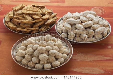 Dishes with a variety of Moroccan festive homemade cookies  