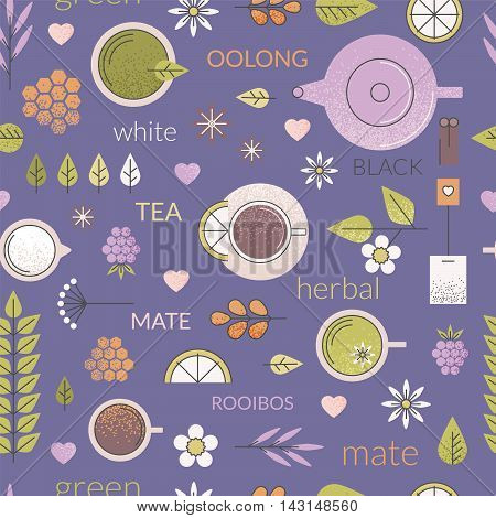 Vector pastel seamless pattern with different types of tea like black, oolong, green and white tea with anise, rooibos and chamomile. Purple background, cups and ingredients. Line art.