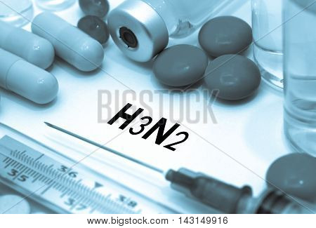 h3n2 (influenza grippe). Treatment and prevention of disease. Syringe and vaccine. Medical concept. Selective focus