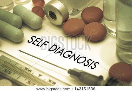 Self diagnosis. Treatment and prevention of disease. Syringe and vaccine. Medical concept. Selective focus