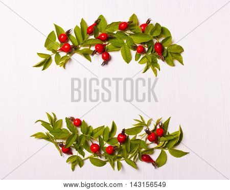 composition of red flowers berries and green leaves on a white background.Flat lay top view.