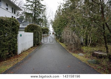 WEQUETONSING, MICHIGAN / UNITED STATES - DECEMBER 22, 2015: A view down Chipmunk Alley in Wequetonsing during December.