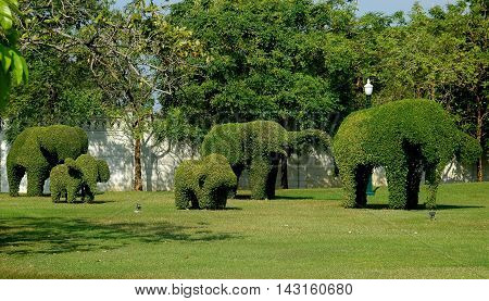 Bang Pa-in Thailand - December 27 2005: Topiary elephants in the gardens of the Royal Summer Palace