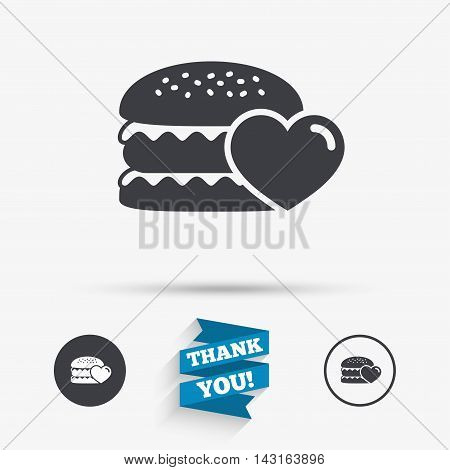 Hamburger icon. Burger food symbol. Cheeseburger sandwich sign. Flat icons. Buttons with icons. Thank you ribbon. Vector