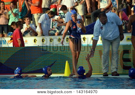 Budapest, Hungary - Jul 16, 2014. Hungarian team is not happy after losing. The Waterpolo European Championship was held in Alfred Hajos Swimming Centre in 2014.