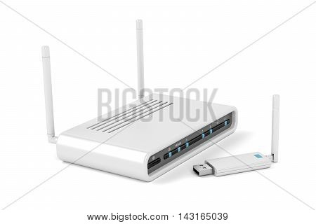 Usb wireless network adapter and router on white background, 3D illustration