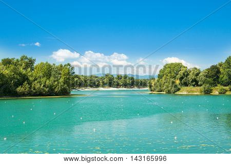 Beautiful Jarun lake in Zagreb, Croatia, sunny summer day