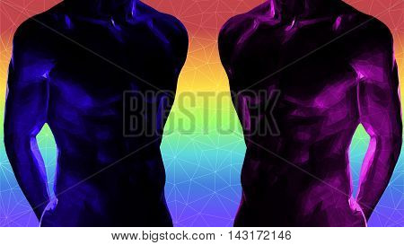 Polygonal couple of male body muscle on rainbow background