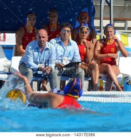 Budapest, Hungary - Jul 16, 2014. Rest of the spanish team. The Waterpolo European Championship was held in Alfred Hajos Swimming Centre in 2014.