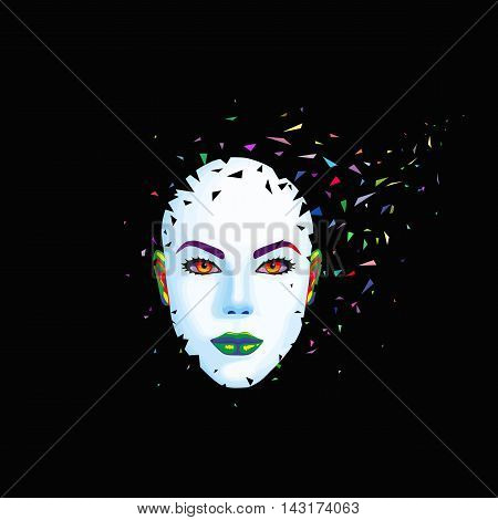 Abstract woman's face breaks into pieces. Vector illustration. Imagination.