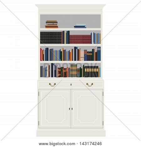 Vector illustration white vintage cabinet with book -bibliography encyclopedia and handbooks. Retro interior furniture. Bookshelf