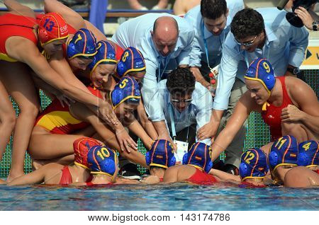 Budapest, Hungary - Jul 16, 2014. Spanish battle-cry. The Waterpolo European Championship was held in Alfred Hajos Swimming Centre in 2014.