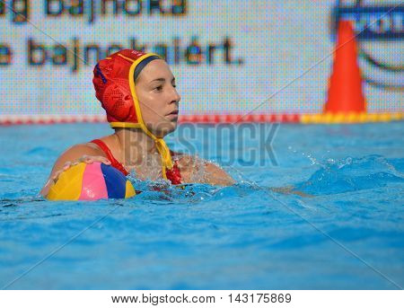 Budapest, Hungary - Jul 16, 2014. Spain's ESTER RAMOS Laura (ESP, 1) goalkeeper. The Waterpolo European Championship was held in Alfred Hajos Swimming Centre in 2014.