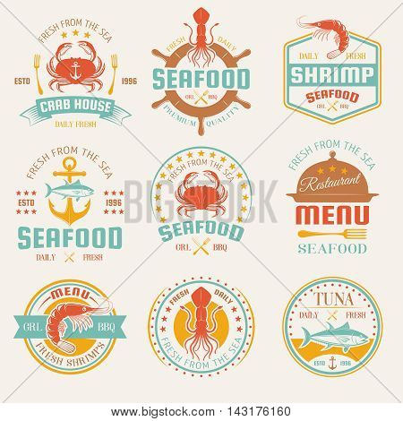 Seafood colored restaurant emblems with cutlery and cloche marine products anchor and helm isolated vector illustration