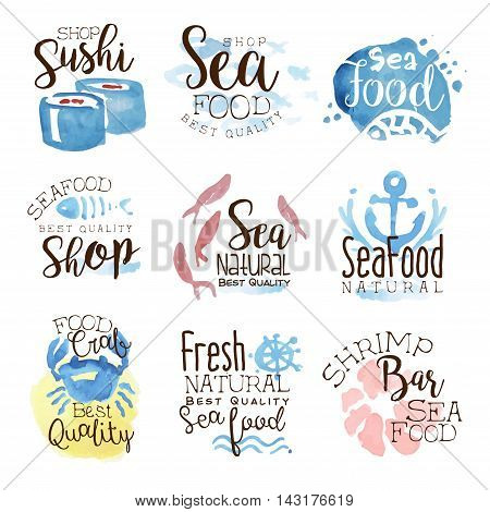 Seafood Cafe Promo Signs Colorful Set Of Watercolor Stylized Logo With Text On White Background