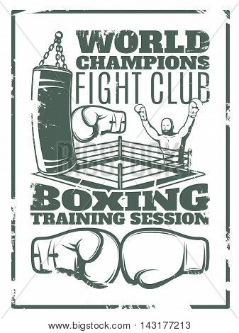 Boxing monochrome worn print with fighter punching bag ring and gloves on white background vector illustration