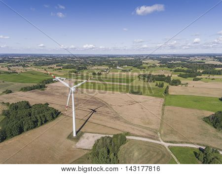 Wind Turbines In Suwalki. Poland. View From Above. Summer Time.