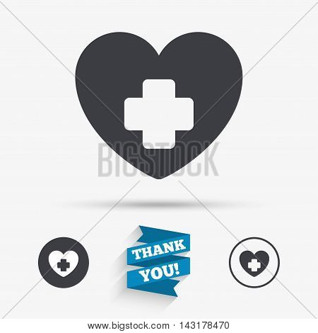 Medical heart sign icon. Cross symbol. Flat icons. Buttons with icons. Thank you ribbon. Vector
